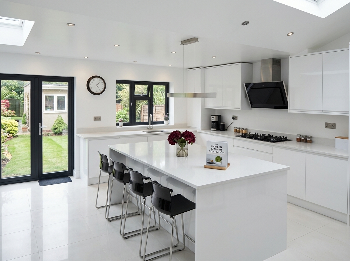 Handleless white kitchen extension Dagenham