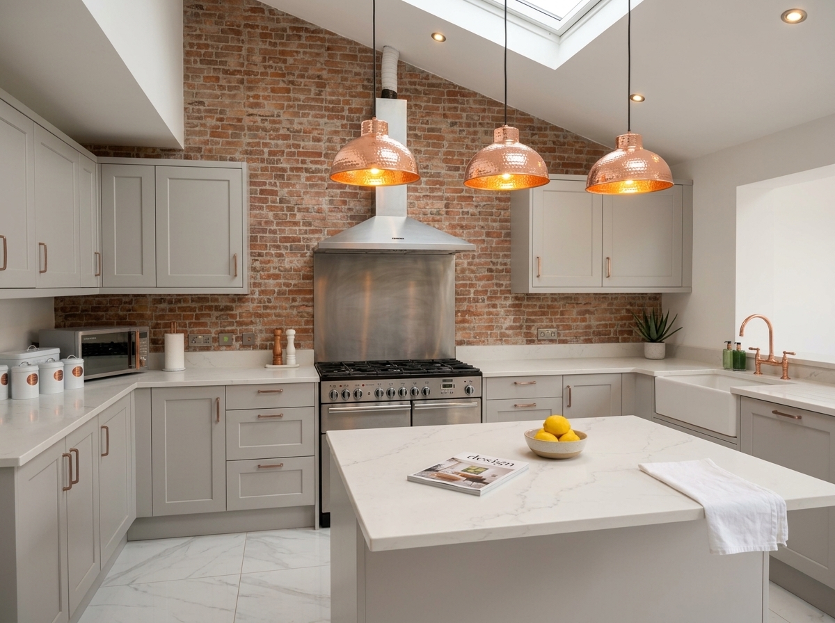 Kitchen diner extension with copper pendants East London